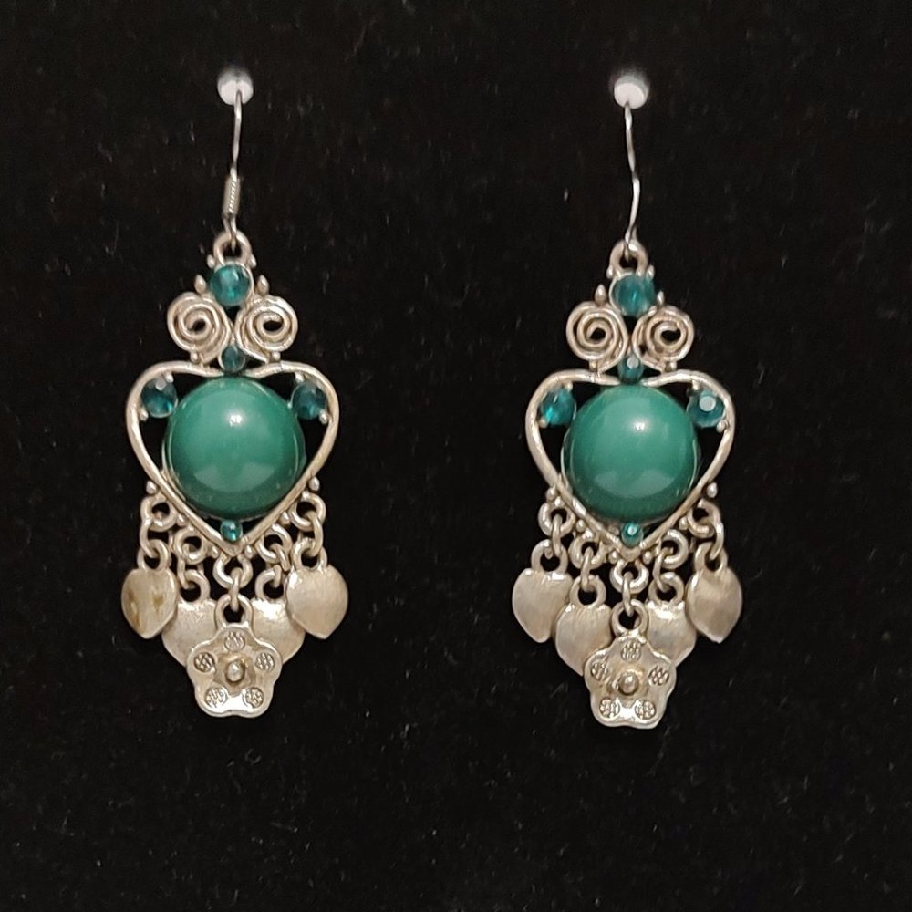Lovely Silver and Green Earrings. Design looks like an Owl. 2 in. long. New